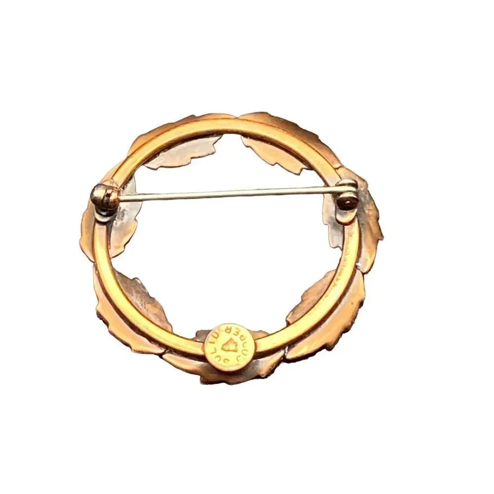 Vintage Bell Copper Solid Copper Leaf Wreath Lapel Hat Tie Pin Brooch